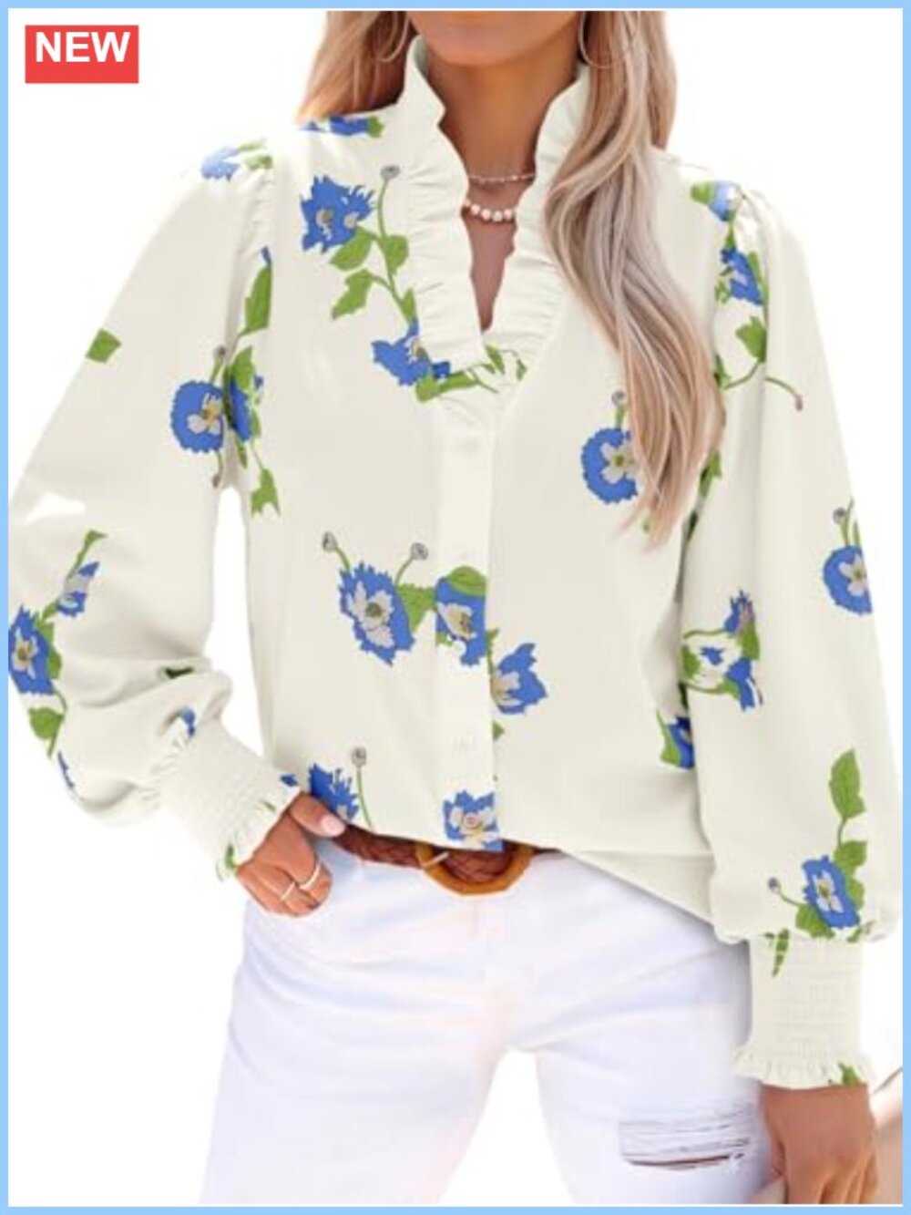 Women Puff Long Sleeve Button Down Floral Blouse Top